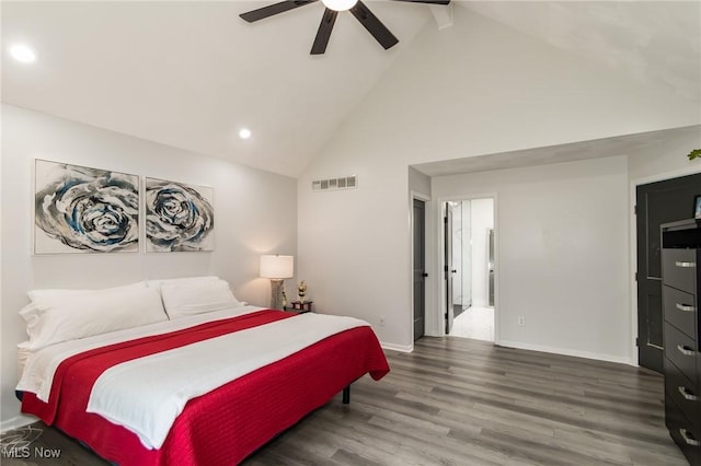 5710 Cardinal Dr, Mentor, OH 44060 - bedroom featuring high vaulted ceiling, wood finished floors, recessed lighting, and ceiling fan