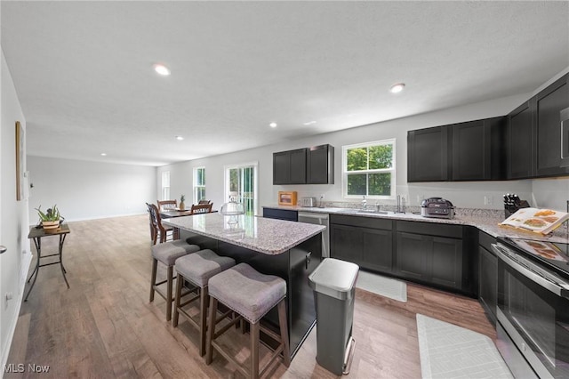 2457 Bishop Oval, Barberton, OH 44203 - kitchen with stainless steel appliances, light stone counters, light wood-style flooring, a kitchen bar, and recessed lighting