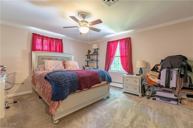 1201 Overlook Dr, Alliance, OH 44601 - carpeted bedroom with crown molding, a ceiling fan, and baseboard heating
