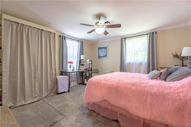 1201 Overlook Dr, Alliance, OH 44601 - bedroom featuring light carpet, ornamental molding, and a ceiling fan