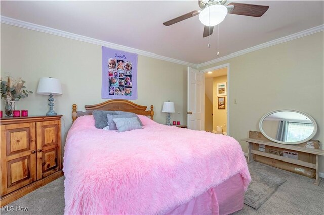1201 Overlook Dr, Alliance, OH 44601 - bedroom featuring light carpet, ornamental molding, and ceiling fan