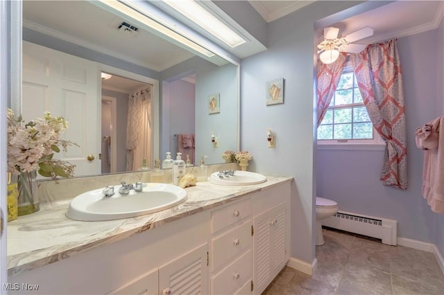 1201 Overlook Dr, Alliance, OH 44601 - full bath featuring baseboard heating, double vanity, tile patterned flooring, and ornamental molding