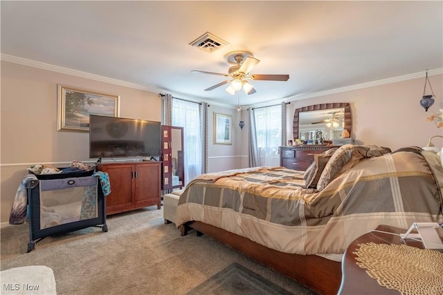 1201 Overlook Dr, Alliance, OH 44601 - bedroom featuring ornamental molding, light colored carpet, and ceiling fan