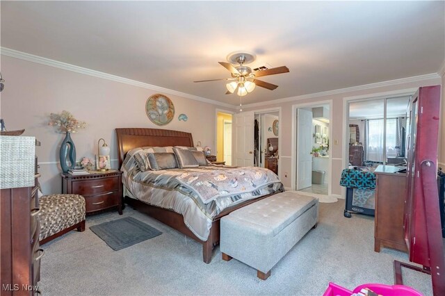 1201 Overlook Dr, Alliance, OH 44601 - bedroom featuring light colored carpet, crown molding, and ceiling fan