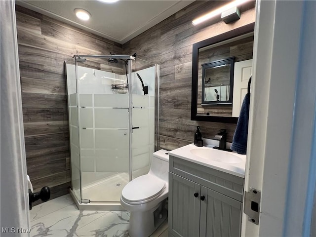 1749 Highview Ave, Akron, OH 44301 - full bathroom featuring wooden walls, marble look tiles, vanity, and a stall shower