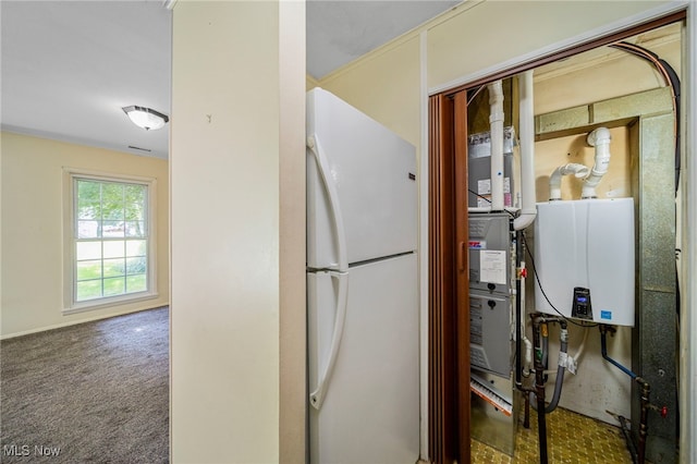 7297 Trotter Ln Unit B, Mentor, OH 44060 - kitchen with freestanding refrigerator, water heater, and carpet floors