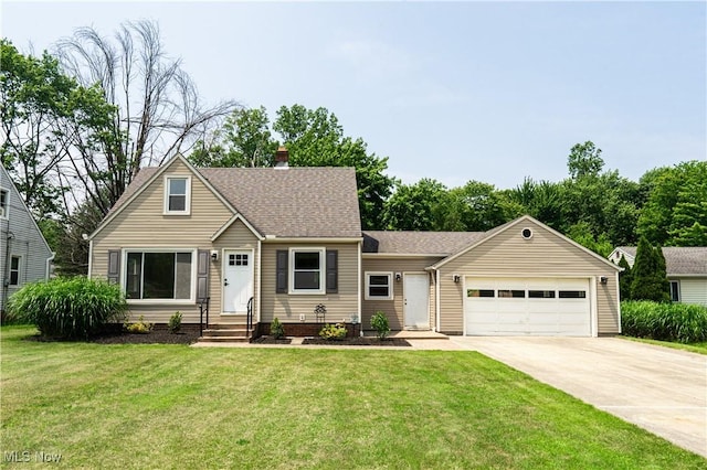 6580 Crossview Rd, Seven Hills, OH 44131 - view of front of home with concrete driveway, an attached garage, a front yard, roof with shingles, and entry steps