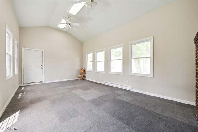 16200 Elsienna Ave, Cleveland, OH 44135 - spare room with a baseboard radiator, ceiling fan, vaulted ceiling, and dark colored carpet