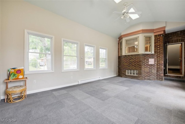 16200 Elsienna Ave, Cleveland, OH 44135 - unfurnished living room with a baseboard radiator, a ceiling fan, vaulted ceiling, carpet, and a skylight