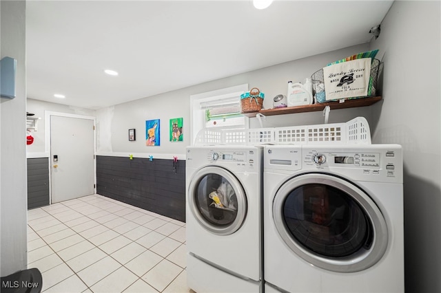 350 Townline Rd, Aurora, OH 44202 - laundry room with washing machine and clothes dryer, recessed lighting, wainscoting, and light tile patterned floors