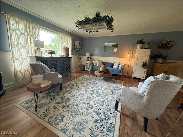 14003 N Highview Dr, Dalton, OH 44618 - living room with ornamental molding, a textured ceiling, and wood finished floors