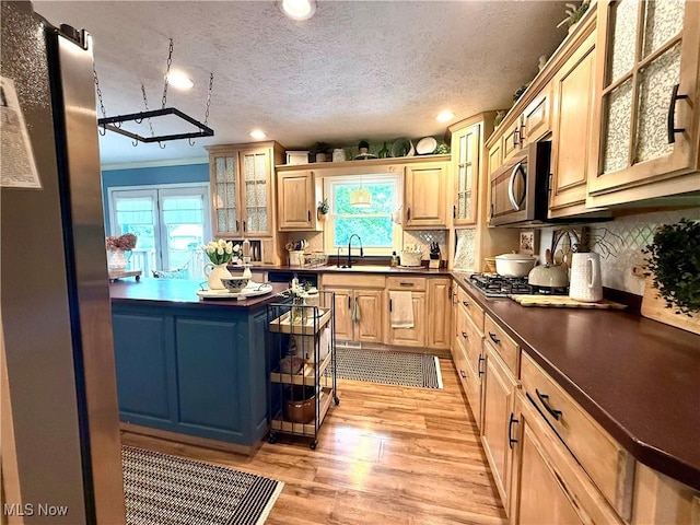 14003 N Highview Dr, Dalton, OH 44618 - kitchen with appliances with stainless steel finishes, dark countertops, light wood-style flooring, tasteful backsplash, and a textured ceiling