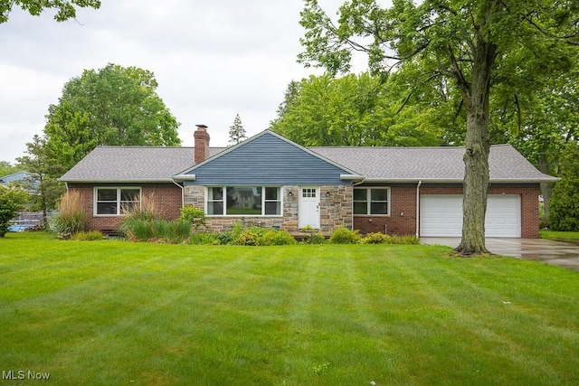 2611 E Pleasant Valley Rd, Seven Hills, OH 44131 - ranch-style home featuring a chimney, a garage, concrete driveway, a front lawn, and a shingled roof
