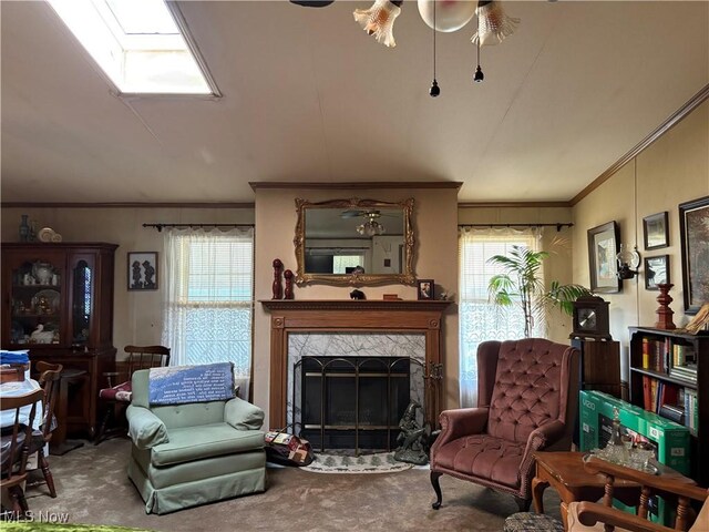 3 Concert Ln, Olmsted Twp, OH 44138 - carpeted living room with ornamental molding and a high end fireplace