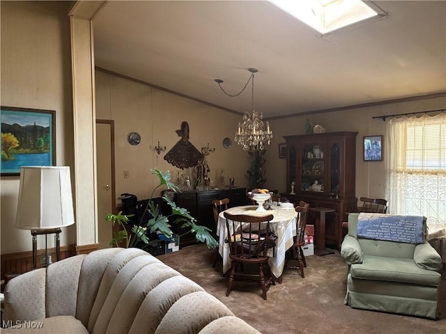 3 Concert Ln, Olmsted Twp, OH 44138 - carpeted dining room featuring vaulted ceiling, a chandelier, and ornamental molding