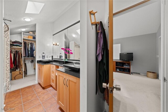 1345 Mockingbird Dr, Kent, OH 44240 - full bath featuring a skylight, vanity, a walk in closet, tile patterned flooring, and vaulted ceiling
