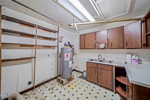 5769 Hurlburt Rd, Rome, OH 44085 - kitchen with electric water heater, open shelves, light countertops, and light flooring