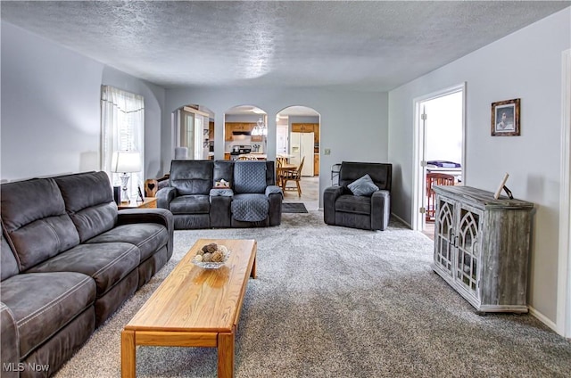 2121 Laurel Ln, Streetsboro, OH 44241 - living room featuring arched walkways, carpet, and a textured ceiling