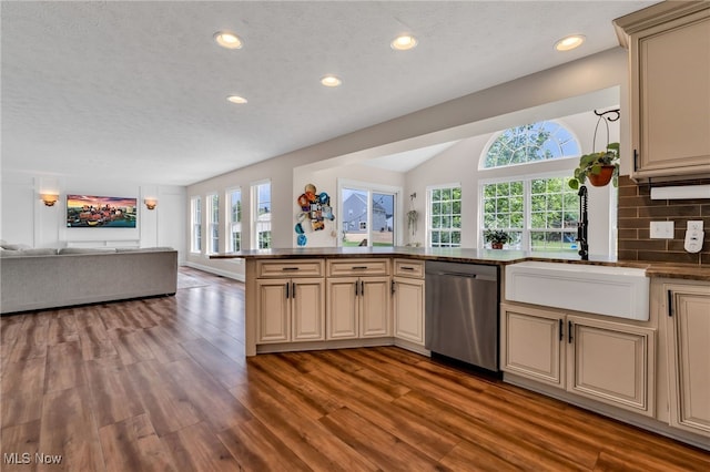 4532 Ridgestone Way, Medina, OH 44256 - kitchen featuring dishwasher, cream cabinetry, open floor plan, recessed lighting, and tasteful backsplash