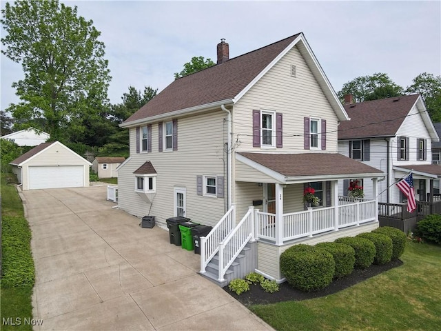26 Walnut Ct, Mogadore, OH 44260 - view of front facade with a porch, an outdoor structure, a detached garage, a chimney, and a shingled roof