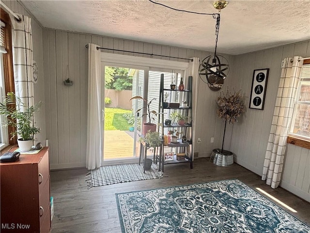 967 Lincoln St, Wooster, OH 44691 - dining area with hardwood / wood-style floors, wood walls, a textured ceiling, and a chandelier