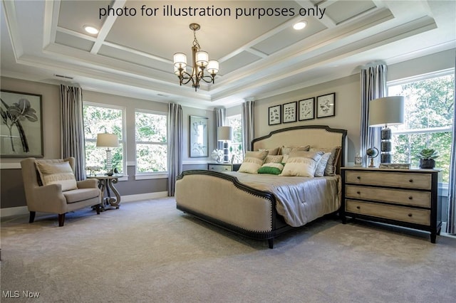 3344 White Willow Ln, Brunswick, OH 44212 - carpeted bedroom featuring multiple windows, ornamental molding, coffered ceiling, and a chandelier