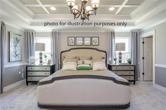 3344 White Willow Ln, Brunswick, OH 44212 - bedroom with coffered ceiling, light colored carpet, a chandelier, crown molding, and beamed ceiling