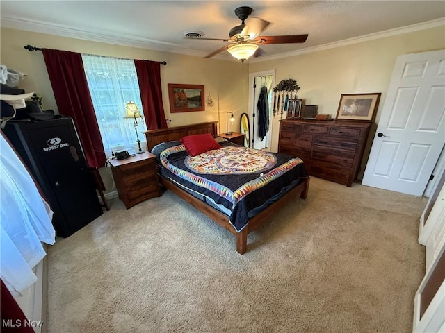 22399 Township Rd Unit 1203, West Lafayette, OH 43845 - bedroom with crown molding, light carpet, and a ceiling fan