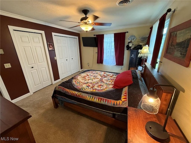 22399 Township Rd Unit 1203, West Lafayette, OH 43845 - bedroom with multiple closets, carpet floors, crown molding, and a ceiling fan