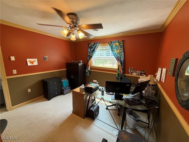 22399 Township Rd Unit 1203, West Lafayette, OH 43845 - home office with ceiling fan, ornamental molding, and carpet