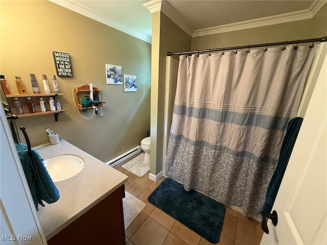 22399 Township Rd Unit 1203, West Lafayette, OH 43845 - bathroom with a baseboard radiator, vanity, tile patterned flooring, ornamental molding, and a shower with curtain
