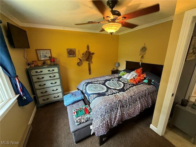 22399 Township Rd Unit 1203, West Lafayette, OH 43845 - carpeted bedroom featuring crown molding, ceiling fan, and a baseboard heating unit