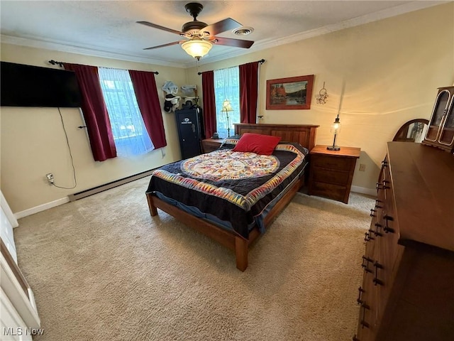 22399 Township Rd Unit 1203, West Lafayette, OH 43845 - bedroom featuring multiple windows, carpet floors, crown molding, a baseboard heating unit, and ceiling fan