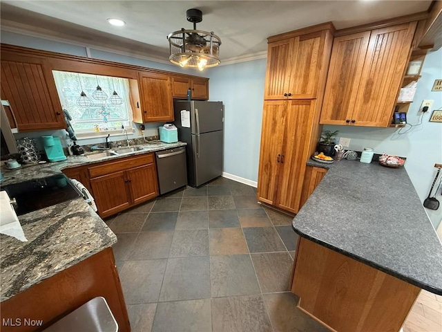 22399 Township Rd Unit 1203, West Lafayette, OH 43845 - kitchen featuring appliances with stainless steel finishes, brown cabinets, dark stone counters, pendant lighting, and recessed lighting