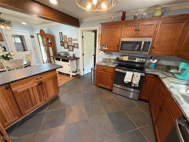 22399 Township Rd Unit 1203, West Lafayette, OH 43845 - kitchen with stainless steel appliances, brown cabinetry, ornamental molding, and recessed lighting