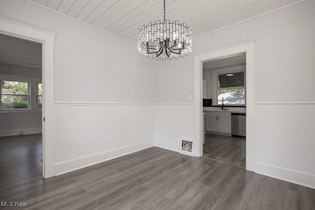 381 Watson St, Akron, OH 44305 - unfurnished dining area with a chandelier, dark wood-type flooring, and wainscoting