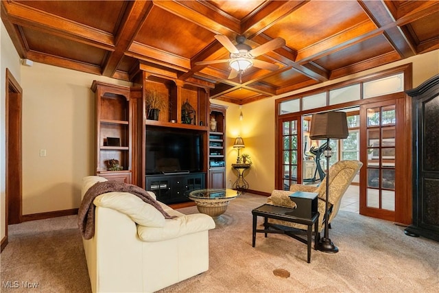 1588 Eagle Watch St NE, Canton, OH 44721 - living room featuring carpet floors, ceiling fan, a wooden ceiling with exposed beams, and coffered ceiling