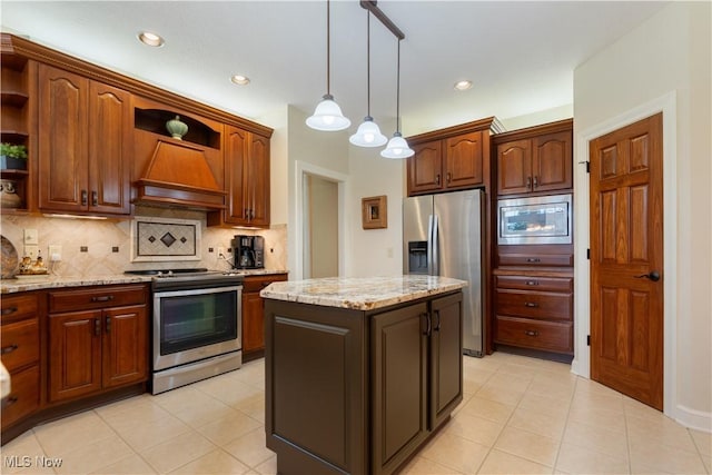 1588 Eagle Watch St NE, Canton, OH 44721 - kitchen featuring open shelves, stainless steel appliances, custom range hood, backsplash, and recessed lighting