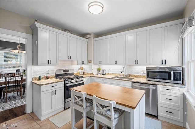 1646 Wyandotte Ave, Lakewood, OH 44107 - kitchen featuring stainless steel appliances, wooden counters, a chandelier, backsplash, and white cabinets