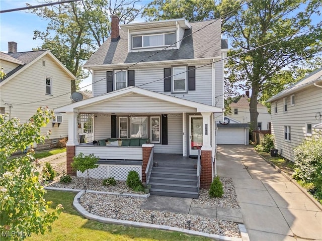 1646 Wyandotte Ave, Lakewood, OH 44107 - american foursquare style home with a porch, an outdoor structure, a garage, a shingled roof, and a chimney