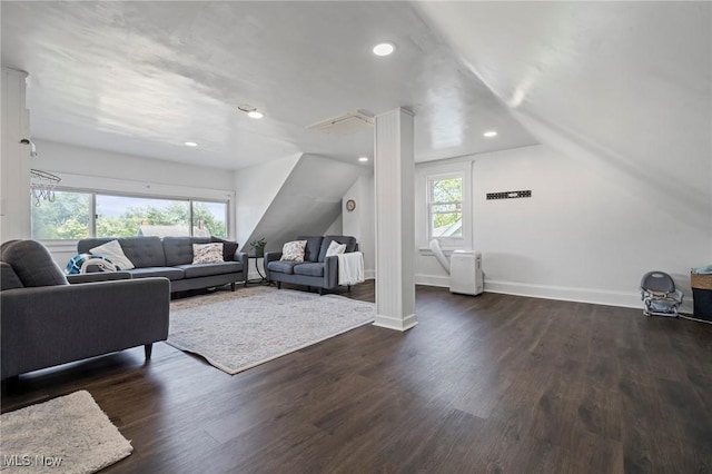 1646 Wyandotte Ave, Lakewood, OH 44107 - living area featuring dark wood finished floors, recessed lighting, and vaulted ceiling