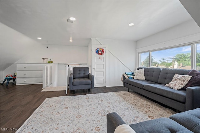 1646 Wyandotte Ave, Lakewood, OH 44107 - living room with plenty of natural light, dark wood-style flooring, recessed lighting, and lofted ceiling