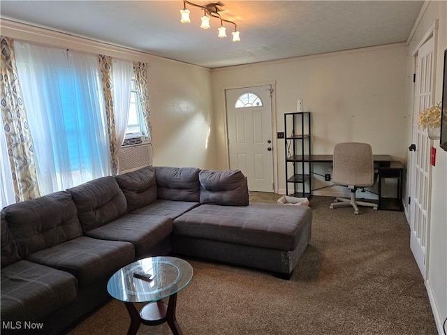 1038 Quincy St, Parkersburg, WV 26101 - living room featuring carpet, crown molding, and cooling unit