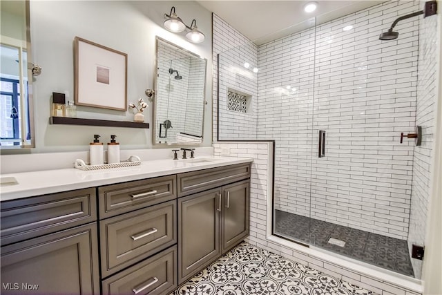 2044 Random Rd Unit 303, Cleveland, OH 44106 - full bathroom featuring a shower stall, double vanity, and tile patterned floors