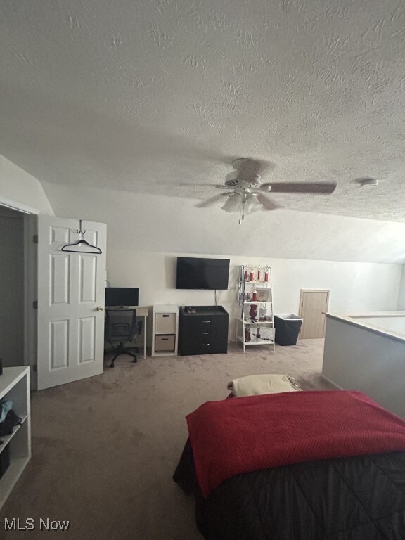 8050 Harbor Creek Dr Unit 1903, Mentor-On-The-Lake, OH 44060 - bedroom with an office area, carpet flooring, a textured ceiling, and a ceiling fan