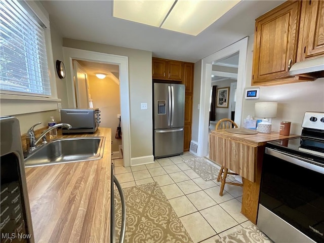 904 Chalker St, Akron, OH 44310 - kitchen with stainless steel appliances, brown cabinetry, butcher block countertops, light tile patterned flooring, and under cabinet range hood