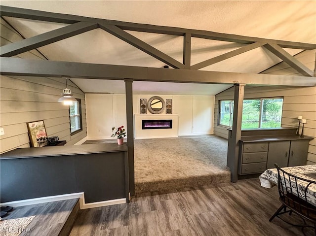 1121 Old Rosemar Rd, Parkersburg, WV 26104 - kitchen with a glass covered fireplace, dark wood finished floors, wooden walls, and pendant lighting