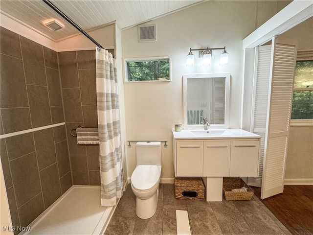 1121 Old Rosemar Rd, Parkersburg, WV 26104 - bathroom with tiled shower, vanity, and vaulted ceiling