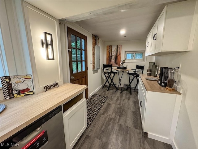 1121 Old Rosemar Rd, Parkersburg, WV 26104 - kitchen featuring dishwasher, wooden counters, electric panel, and white cabinets