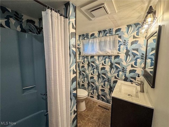 1121 Old Rosemar Rd, Parkersburg, WV 26104 - full bath with wallpapered walls, vanity, a shower with shower curtain, and tile patterned floors